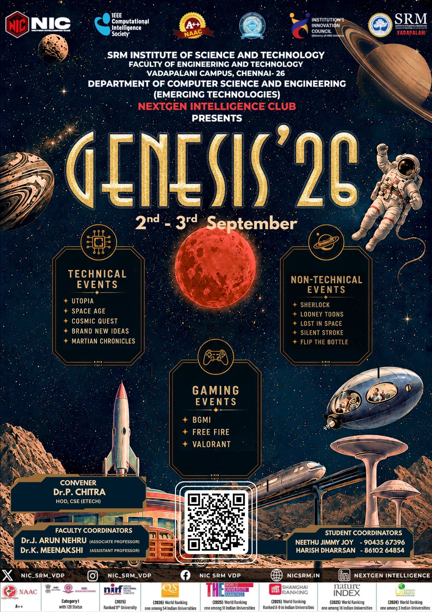 Poster for Genesis '26, the NextGen Intelligence Club's symposium at SRM Institute of Science and Technology, Vadapalani: a retro-futurist lunar scene with a rocket, a monorail, an astronaut and a red moon, over three panels listing the technical, non-technical and gaming events.