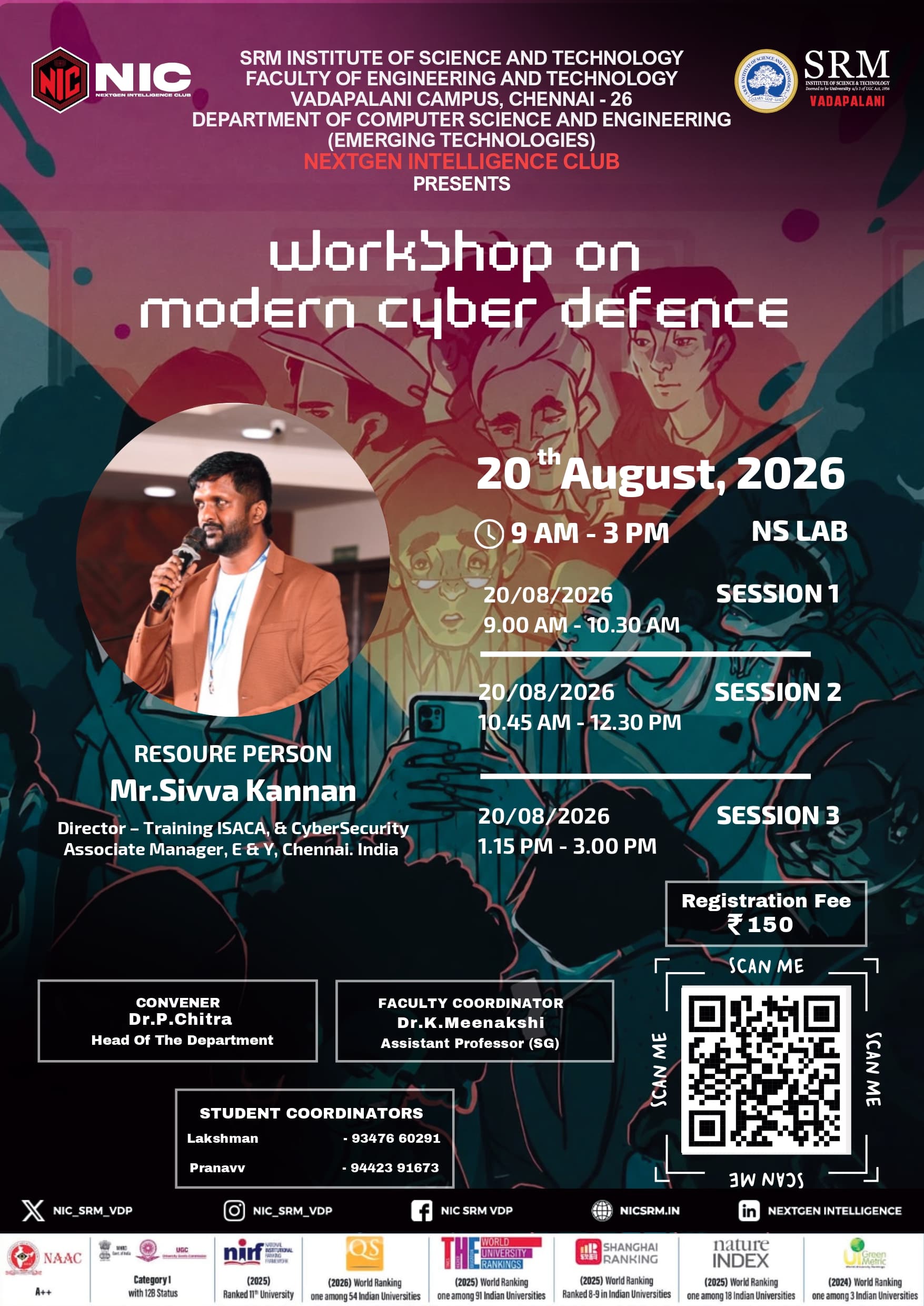 Poster for the Workshop on Modern Cyber Defence, 20 August 2026, 9 AM to 3 PM, at SRM Institute of Science and Technology, Vadapalani.