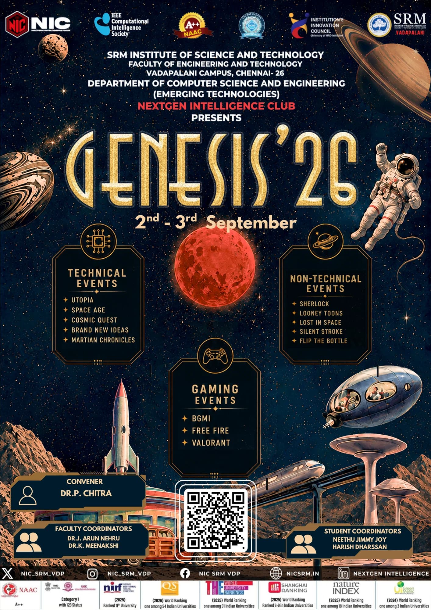Poster for Genesis '26, the NextGen Intelligence Club's symposium at SRM Institute of Science and Technology, Vadapalani: a retro-futurist lunar scene with a rocket, a monorail, an astronaut and a red moon, over three panels listing the technical, non-technical and gaming events.